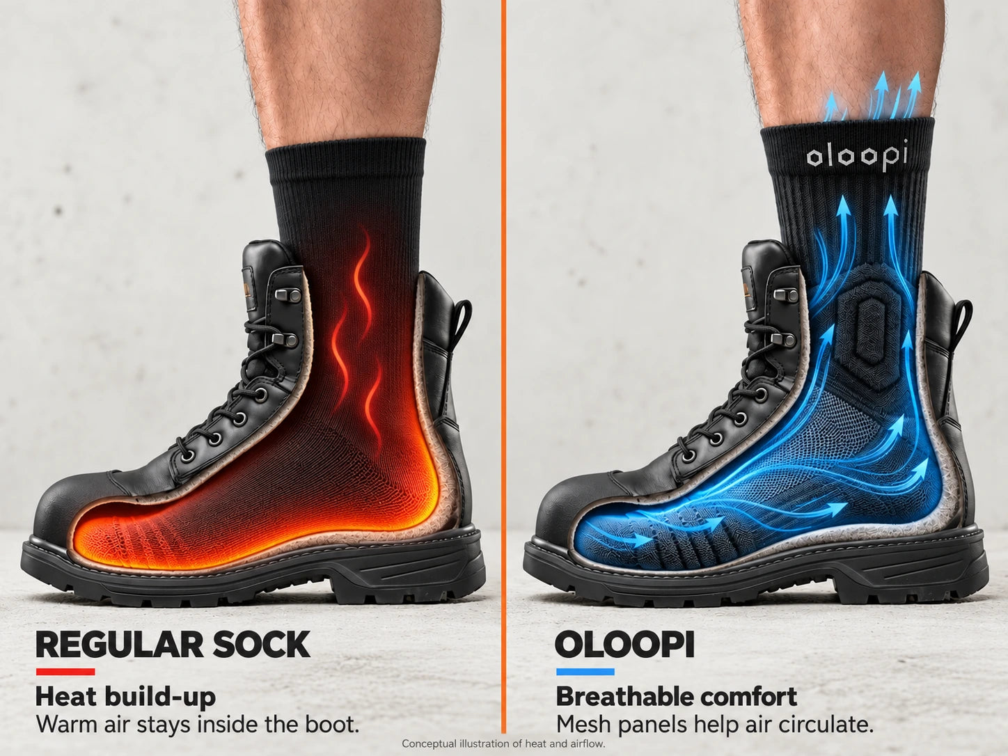 Illustration comparing heat build-up in a regular sock with airflow through an Oloopi sock inside a work boot